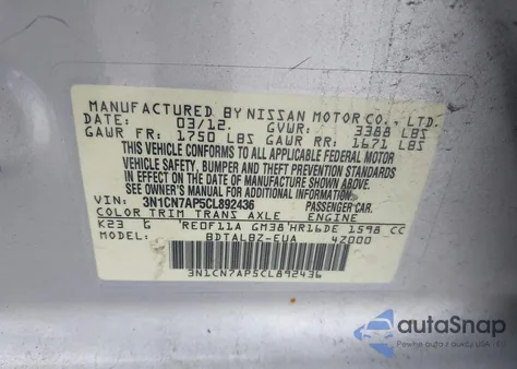 2012 Nissan Versa 1.6 Sv from USA, damaged, VIN 3N1CN7AP5CL892436